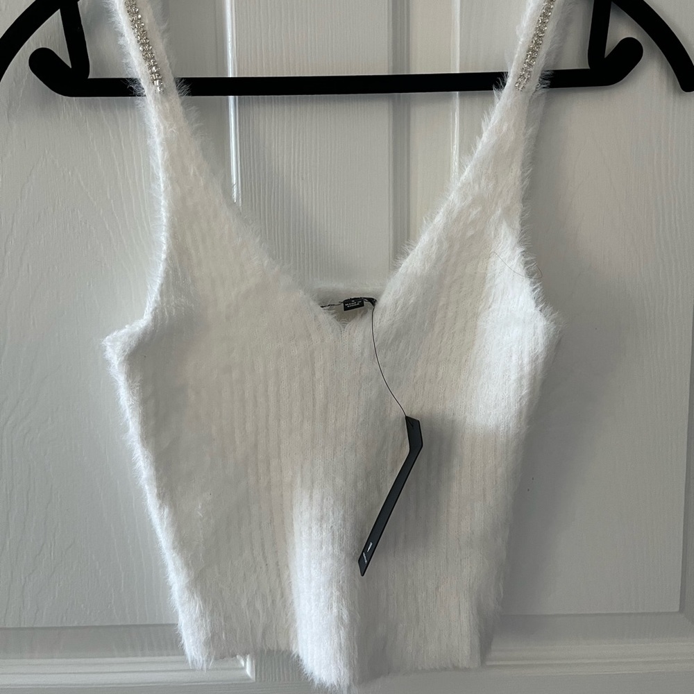 Extra Glitz White Rhinestone Eyelash Lace Sweater Tank